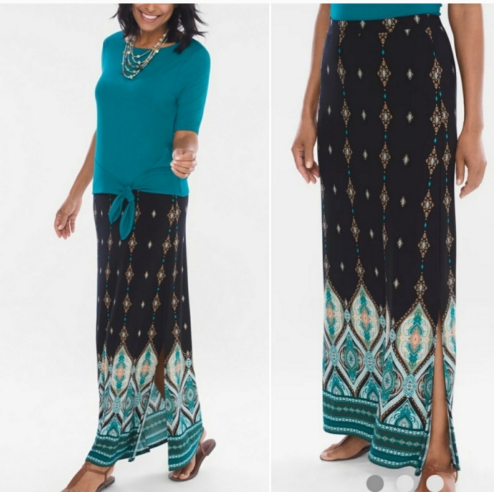Chico's Lantern -Print Maxi Skirt Size 2 Black/Turquoise